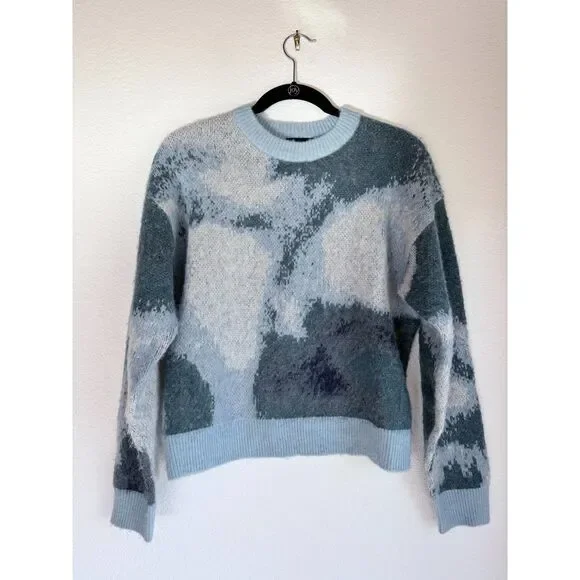 NEW The Kooples Abstract Colorblock Knit Alpaca Crewneck Wool Sweater in Blue XS